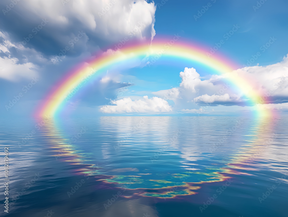 calm ocean with a rainbow stretching across the sky on a sunny day calm ocean with a rainbow stretching across the sky on a sunny day