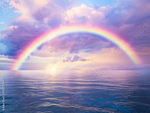 vivid rainbow reflected over calm ocean waters under a clear sky