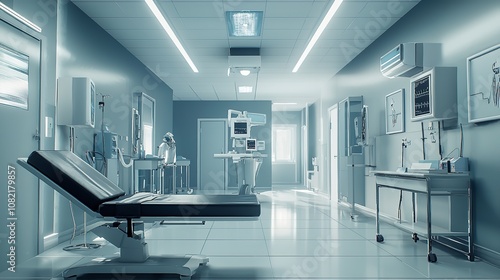 Modern medical aesthetic hospital operating room, light blue color theme, large modern lights above the bed and other equipment.