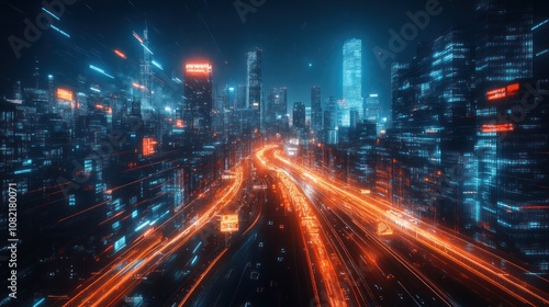 Futuristic cityscape with glowing lights and digital data streams at night.