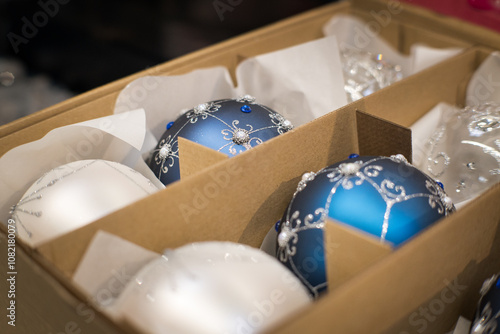 Christmas, colorful glass baubles on the Christmas tree.
