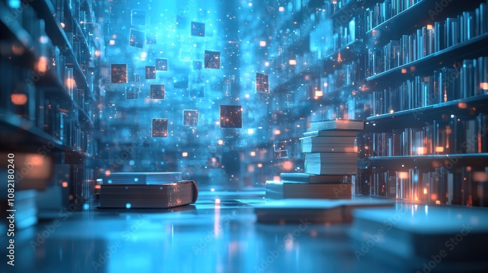 A library with glowing digital books. A library with glowing digital books.