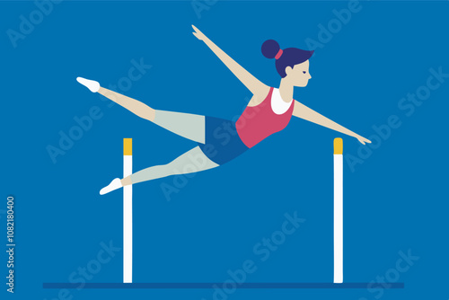 Person in purple tank top and blue shorts performs gymnastics jump over parallel bars with arms and legs outstretched. Background is deep blue gymnasium.