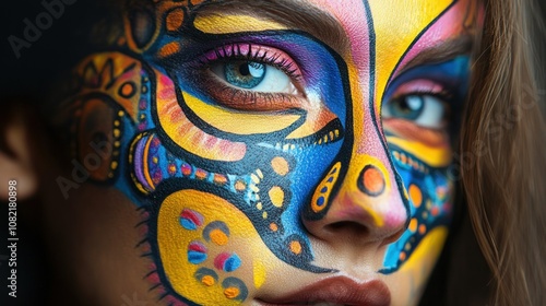 Close-up of a Woman's Face with Abstract Colorful Makeup