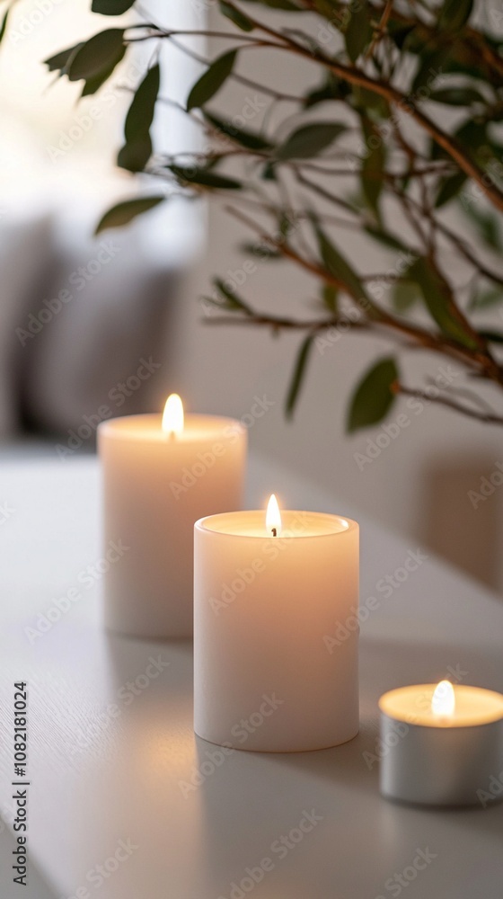 Serene ambiance created by glowing candles on a white surface, with soft green leaves in the background, evoking a sense of calm and tranquility. Serene ambiance created by glowing candles on a white surface, with soft green leaves in the background, evoking a sense of calm and tranquility.
