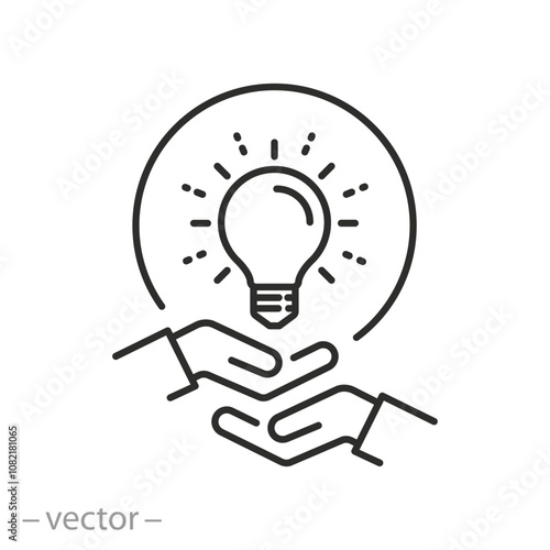 collaboration idea icon, two hands and a light bulb, collaborative innovation, the creative vision of a group of people, thin line symbol - editable stroke vector illustration