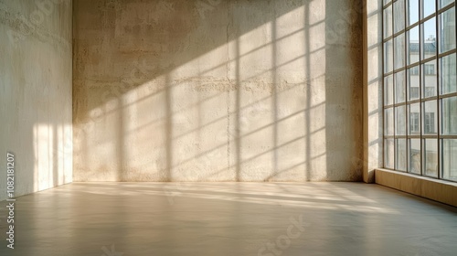 Simple room with rough walls and cold tone, evoking sorrow and contemplation, minimalist aesthetic, Room of Depression, grief contemplation