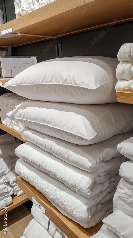 Plush white pillows and soft bedding stacked neatly on wooden shelves, creating a cozy and inviting atmosphere in a well-organized linen closet. Plush white pillows and soft bedding stacked neatly on wooden shelves, creating a cozy and inviting atmosphere in a well-organized linen closet.