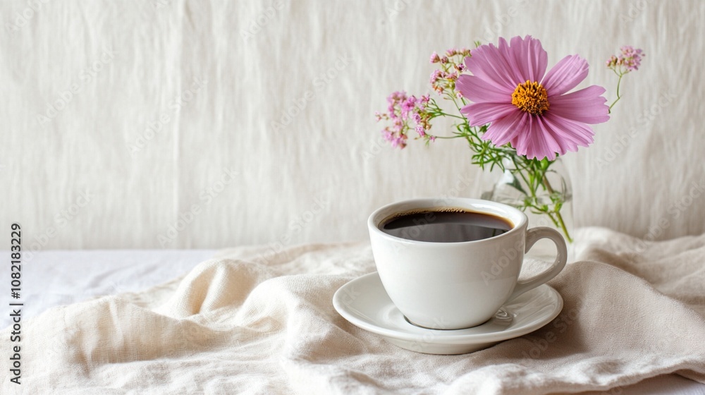 Serene morning scene with a delicate pink cosmos flower in a small vase beside a steaming cup of black coffee on a white linen tablecloth, evoking calm and simplicity. Serene morning scene with a delicate pink cosmos flower in a small vase beside a steaming cup of black coffee on a white linen tablecloth, evoking calm and simplicity.