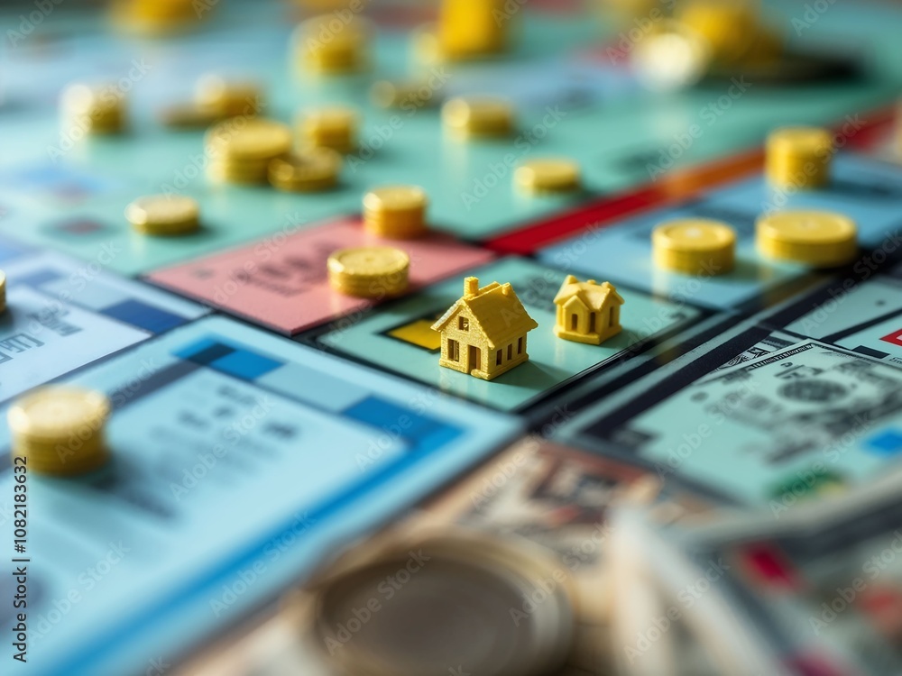Close-Up of a Monopoly Board with Game Pieces and Money, Symbolizing Economic Strategy and Real Estate Tactics Close-Up of a Monopoly Board with Game Pieces and Money, Symbolizing Economic Strategy and Real Estate Tactics
