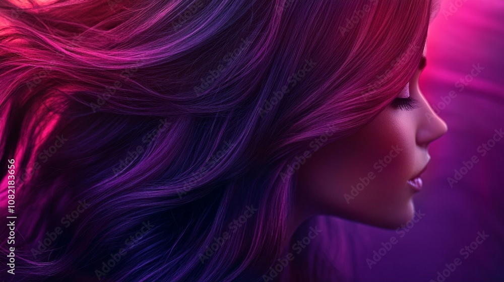 Vibrant profile of a woman with flowing purple and pink hair against a neon-lit background, embodying futuristic beauty and bold color trends. Vibrant profile of a woman with flowing purple and pink hair against a neon-lit background, embodying futuristic beauty and bold color trends.