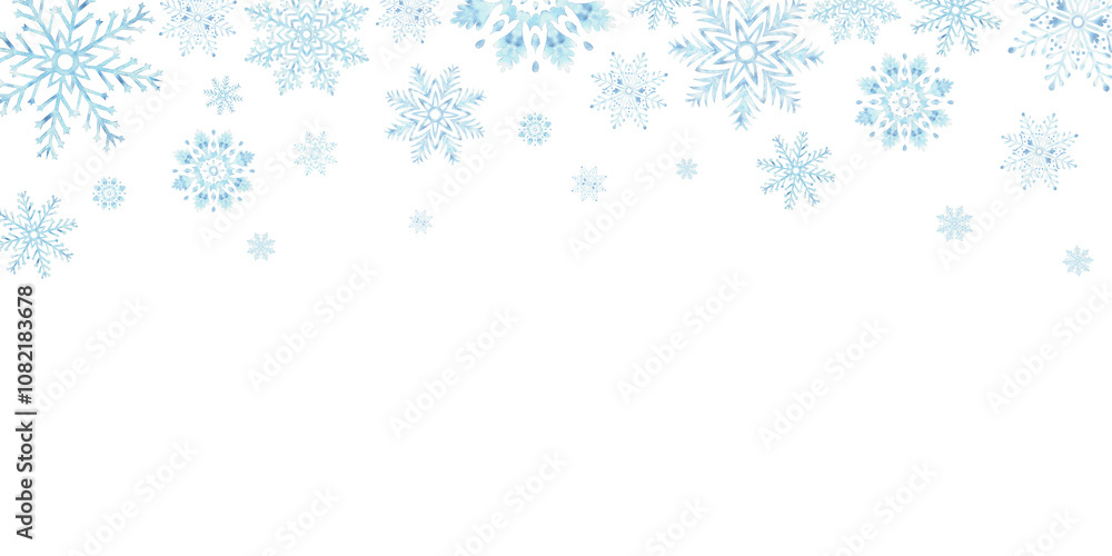 Blue snowflakes. Template postcard with copy space. Ice stars for Christmas or New Year's design. Hand drawn watercolor illustration isolated. Winter holiday frame for card, website, wrapping, sale. Blue snowflakes. Template postcard with copy space. Ice stars for Christmas or New Year's design. Hand drawn watercolor illustration isolated. Winter holiday frame for card, website, wrapping, sale.