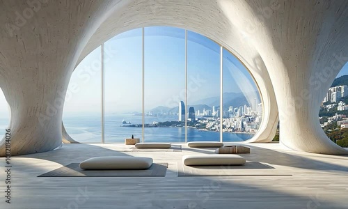 Art Moderne meditation room with geometric patterns, streamlined furniture, and a panoramic view of a lush forest photo