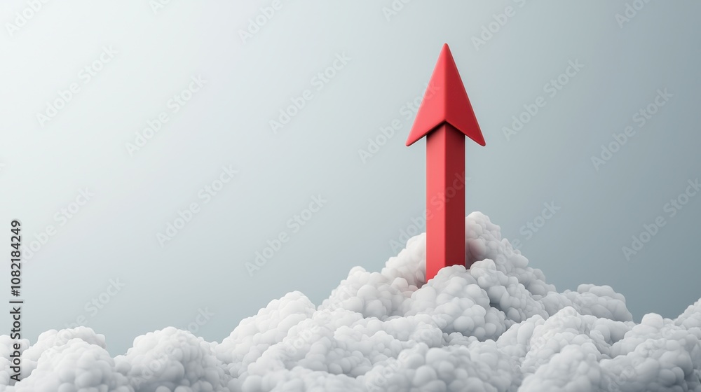 Fototapeta premium Upward growth symbol bright red arrow rising above clouds in a dreamlike environment