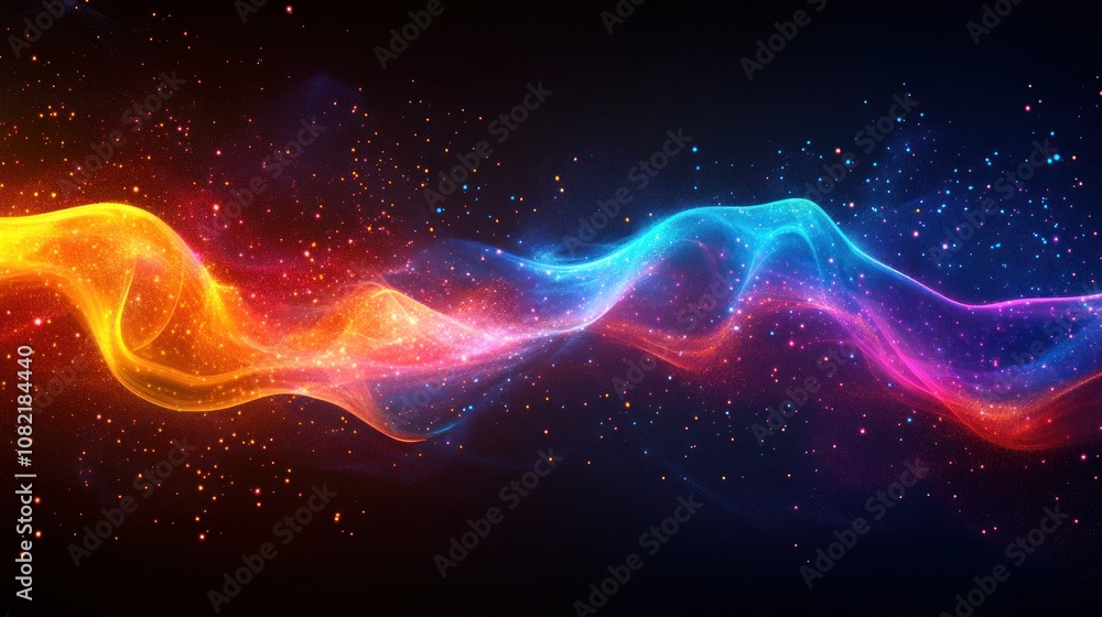 Abstract colorful wavy flow with particles on black background. Abstract colorful wavy flow with particles on black background.