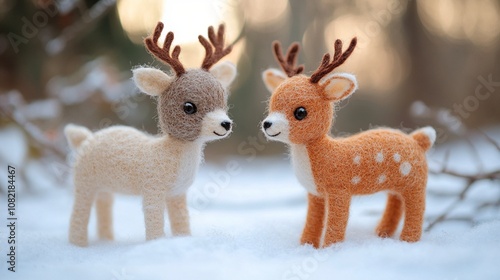 Adorable felted reindeer toys in white and orange stand together on snowy ground, their antlers and spotted coats capturing the whimsical charm of winter wildlife. photo