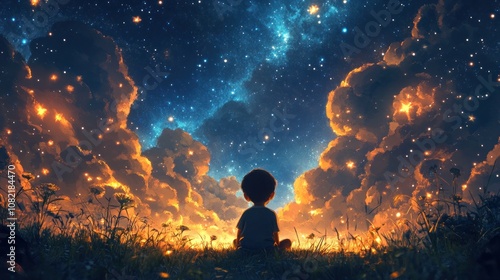 A young boy sits in a field gazing up at the stars, illuminated by glowing clouds.