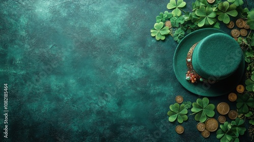 Wallpaper Mural A festive arrangement featuring a green hat adorned with beads, surrounded by shamrocks and gold coins, symbolizing St. Patrick's Day celebrations. Torontodigital.ca
