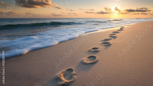 A Serene Beach Scene with Footprints Leading Towards Tranquil Waters and a Vibrant Sunset Sky Framed by Palm Trees