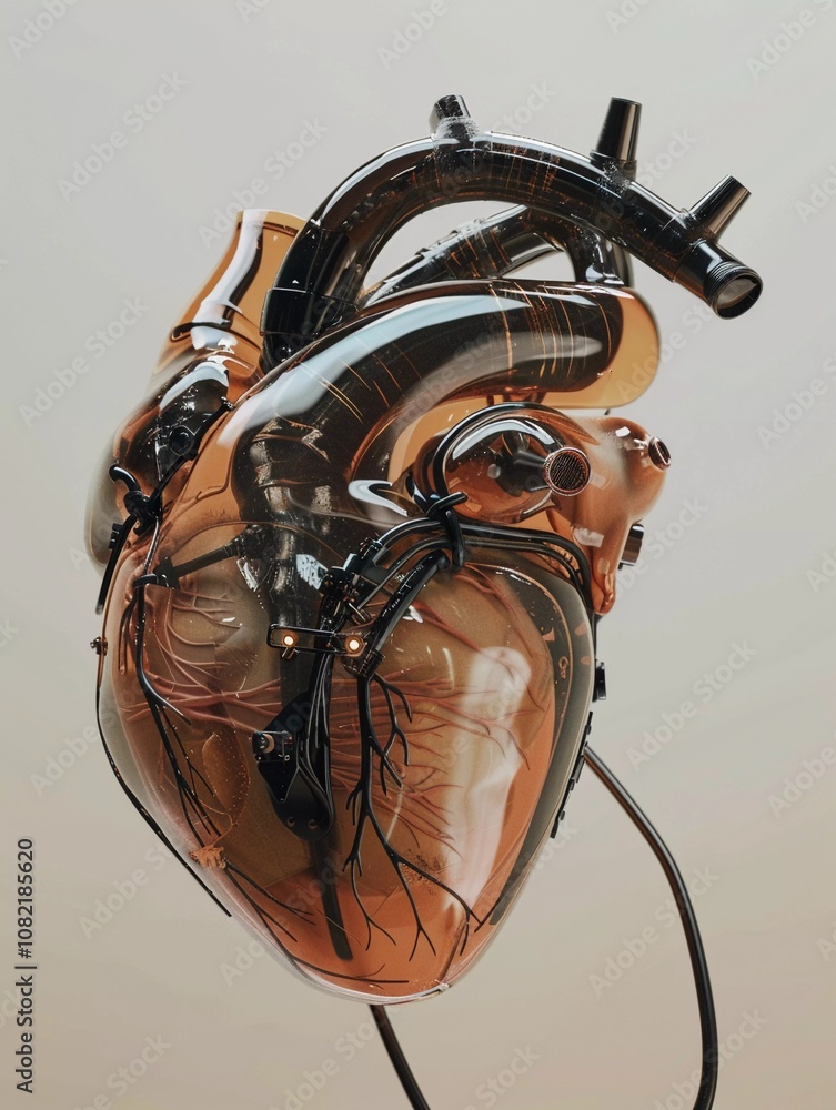 Hyper-Detailed Studio Shot of a Human Heart Rendered in Porcelain and Glass, Featuring Mechanical Parts and Carbon Elements, Set Against a Beige Gradient Background with Advanced Lighting Effects Hyper-Detailed Studio Shot of a Human Heart Rendered in Porcelain and Glass, Featuring Mechanical Parts and Carbon Elements, Set Against a Beige Gradient Background with Advanced Lighting Effects