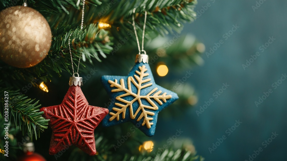 Festive Christmas Tree Ornaments Red Blue Star Decorations Gold Ball Festive Christmas Tree Ornaments Red Blue Star Decorations Gold Ball