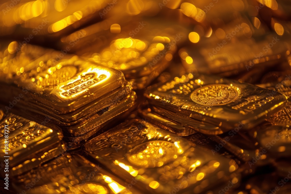 Many shiny natural gold bars in dark bank safe space. Neural network ai generated art Many shiny natural gold bars in dark bank safe space. Neural network ai generated art