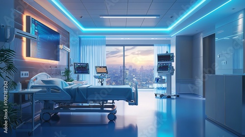 Futuristic medical lab with high-tech monitoring equipment.