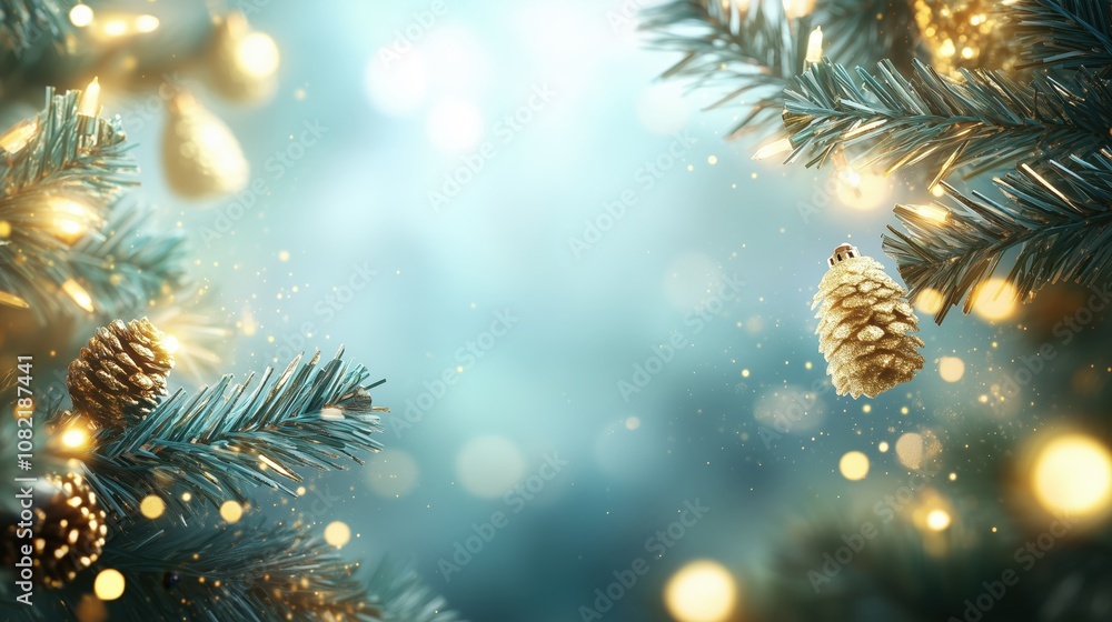 Obraz premium A soft bokeh of golden holiday lights in an illustration with a blank area in the center for a Christmas greeting.