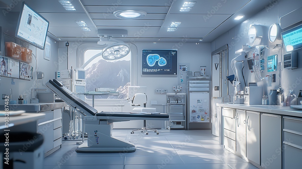 Futuristic medical lab with high-tech monitoring equipment. Futuristic medical lab with high-tech monitoring equipment.