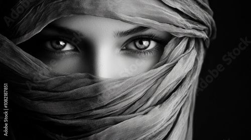 Elegant Black and White Portrait of a Face Concealed by a Scarf