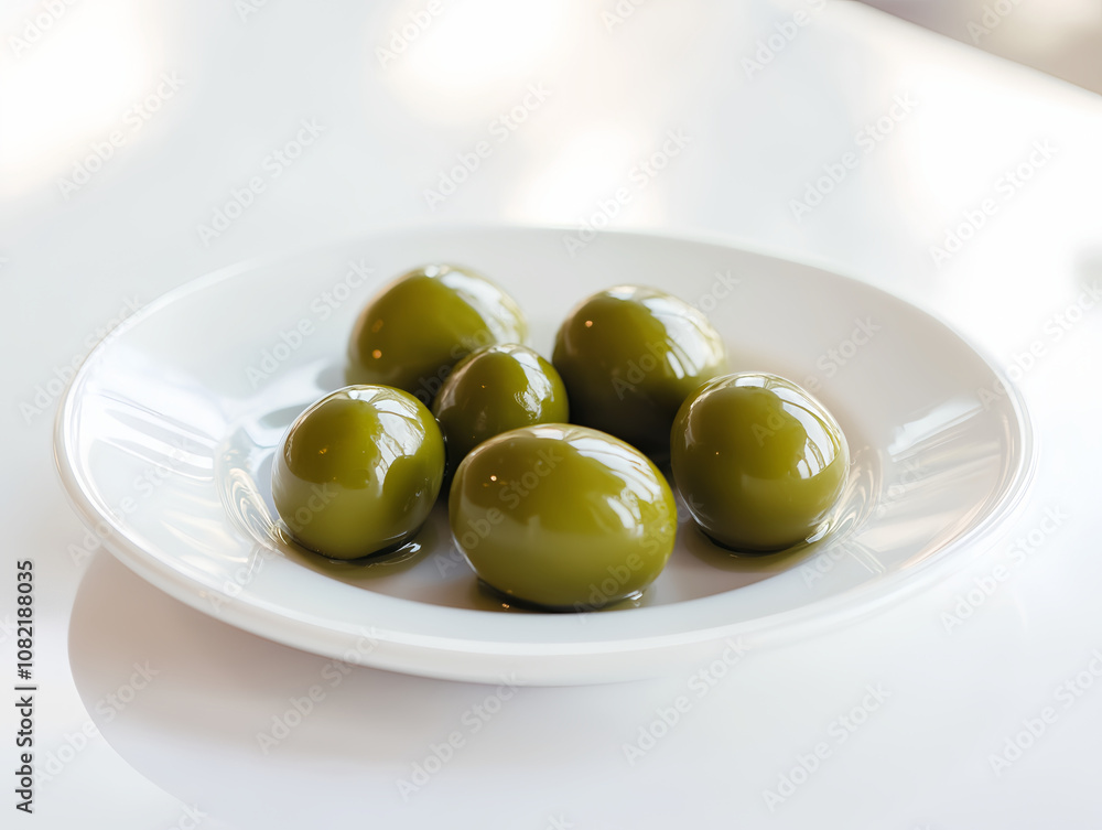 fresh green olives on a white plate with natural lighting fresh green olives on a white plate with natural lighting
