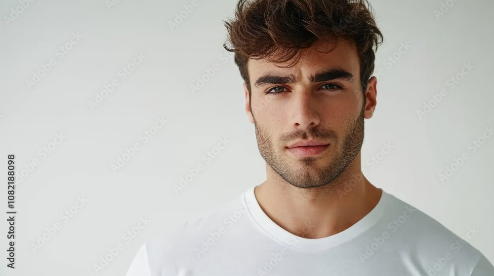 Obraz premium Stylish male model in t shirt posing in front of a clean white backdrop