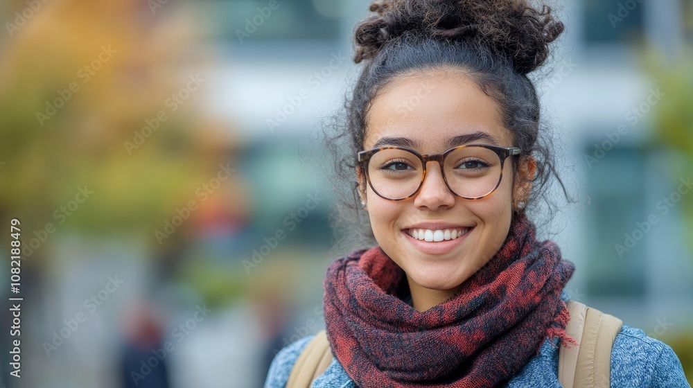 Confident female student smiling in an outdoor academic setting Confident female student smiling in an outdoor academic setting