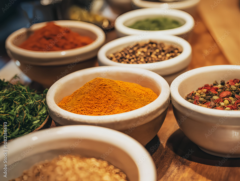 variety of spices displayed in small bowls on a wooden surface variety of spices displayed in small bowls on a wooden surface