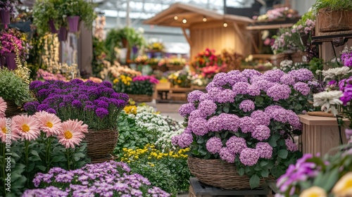 Purple flowers arranged beautifully in an exhibition space