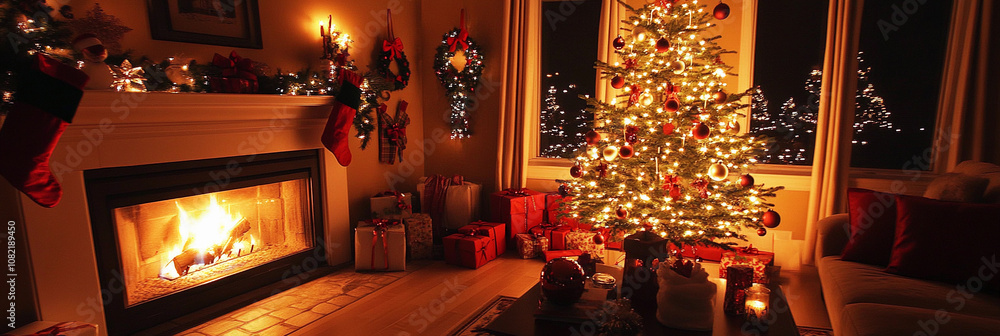 Cozy living room decorated for Christmas with a glowing tree Cozy living room decorated for Christmas with a glowing tree