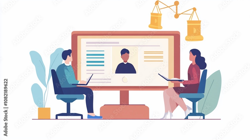 Two people are sitting in front of a computer screen, looking at the online profile of another person. A scale of justice hangs above, suggesting that they are evaluating or reviewing the profile. Two people are sitting in front of a computer screen, looking at the online profile of another person. A scale of justice hangs above, suggesting that they are evaluating or reviewing the profile.