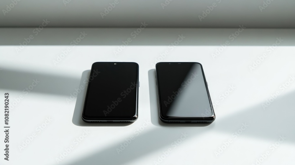 Two identical smartphones placed side by side on a white surface Two identical smartphones placed side by side on a white surface