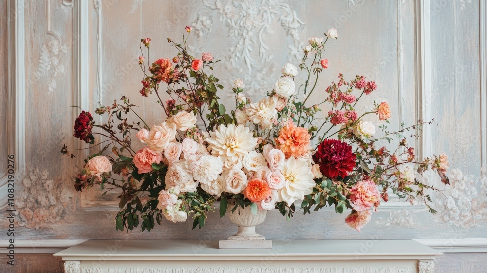 Fototapeta premium Elegant floral arrangement on a table with a wall backdrop perfect for showcasing text or artwork