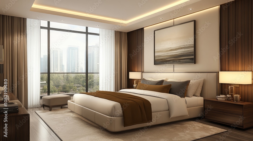 Modern bedroom interior design featuring cream white and brown hues complemented by artwork on the wall Modern bedroom interior design featuring cream white and brown hues complemented by artwork on the wall
