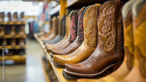 A row of traditional cowboy boots for sale in a Western wear store in Dallas, Texas. Classic western fashion footwear, showcasing a variety of styles and colors in the heart of Texas photo