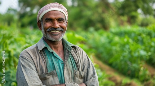 Farmer standing proudly in field, sustainable agriculture, rural lifestyle, smiling expression, green plants in background