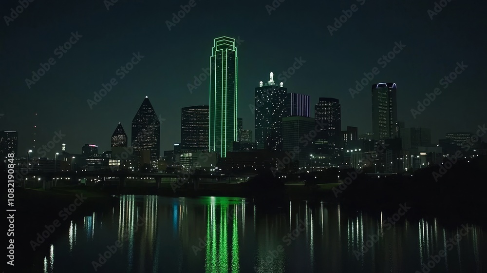 Obraz premium Stunning Dallas skyline with vibrant city lights reflecting on the calm waters of the Trinity River. A beautiful urban landscape showcasing modern architecture and the iconic cityscape at night