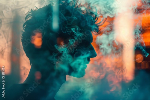 Double exposure view of male figure portrait in surreal big city with smoke. Neural network ai generated art