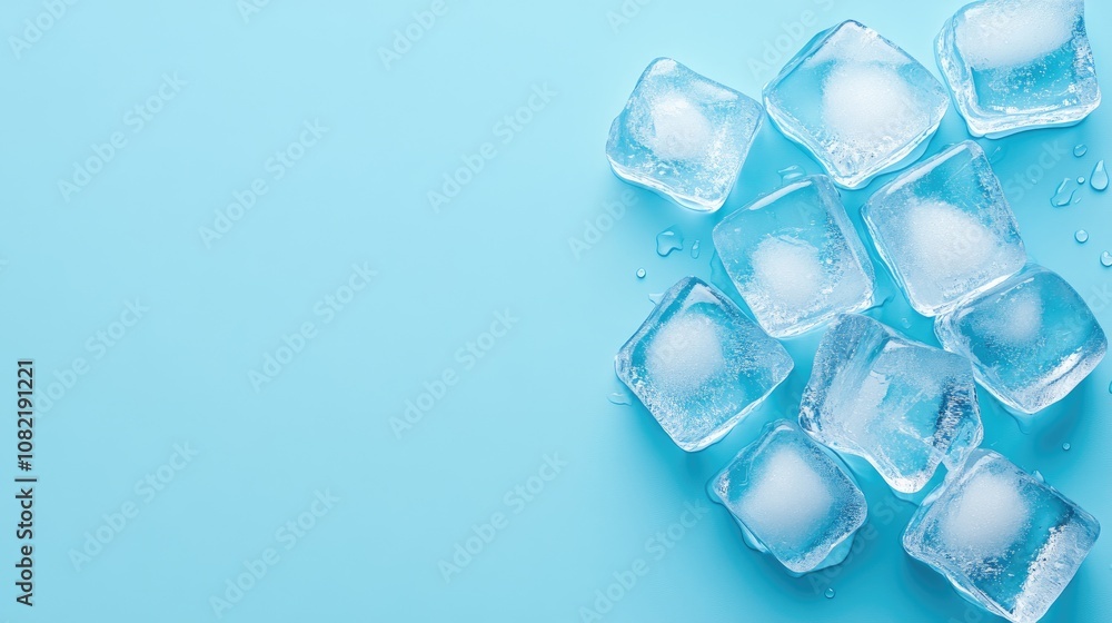 Refreshing ice cubes melting on a light blue background, perfect for summer beverage promotions and cool drink advertising Refreshing ice cubes melting on a light blue background, perfect for summer beverage promotions and cool drink advertising