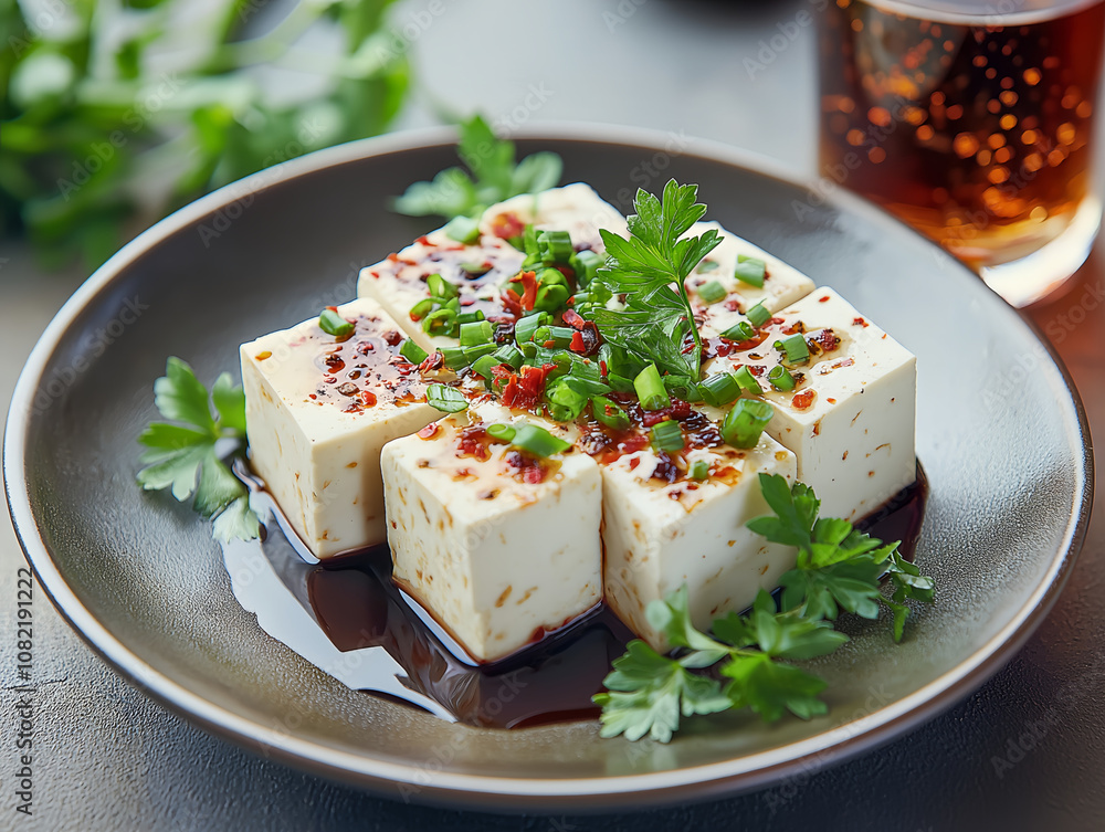 classic tofu on a ceramic plate with herbs classic tofu on a ceramic plate with herbs
