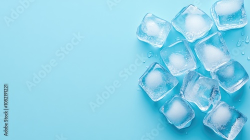 Refreshing ice cubes melting on a light blue background, perfect for summer beverage promotions and cool drink advertising