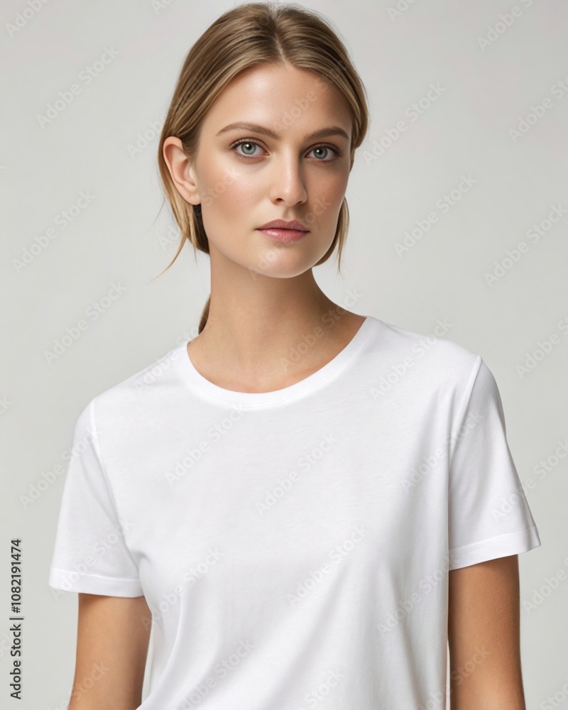 Woman in Simple White T-Shirt Against Neutral Background, Minimalist Fashion Portrait, Ideal for Apparel Advertisements, Clothing Catalogs, E-commerce Display, and Skincare Woman in Simple White T-Shirt Against Neutral Background, Minimalist Fashion Portrait, Ideal for Apparel Advertisements, Clothing Catalogs, E-commerce Display, and Skincare