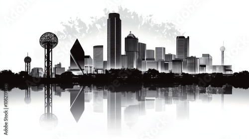 Dallas skyline silhouette with iconic landmarks, in a stylish black and white vector design. Urban cityscape representing the heart of Texas, featuring Dallas' famous structures, modern architecture