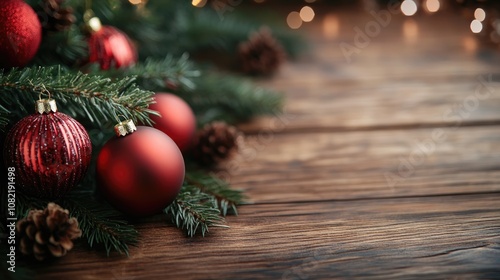 Christmas card greeting mockup template featuring festive ornaments and decorated tree branches on a wooden textured background